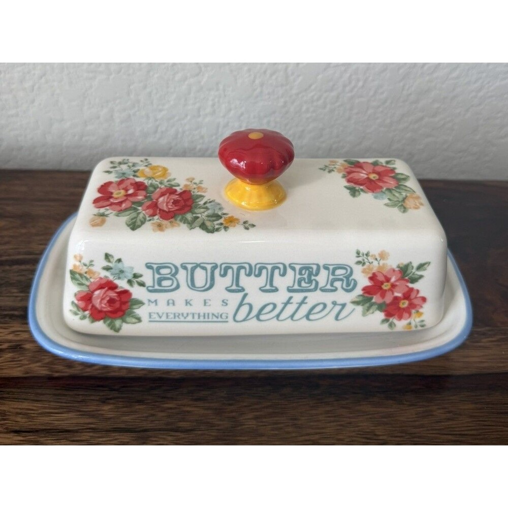 Pioneer Woman “Butter Makes Everything Better” Butter Dish Red Knob